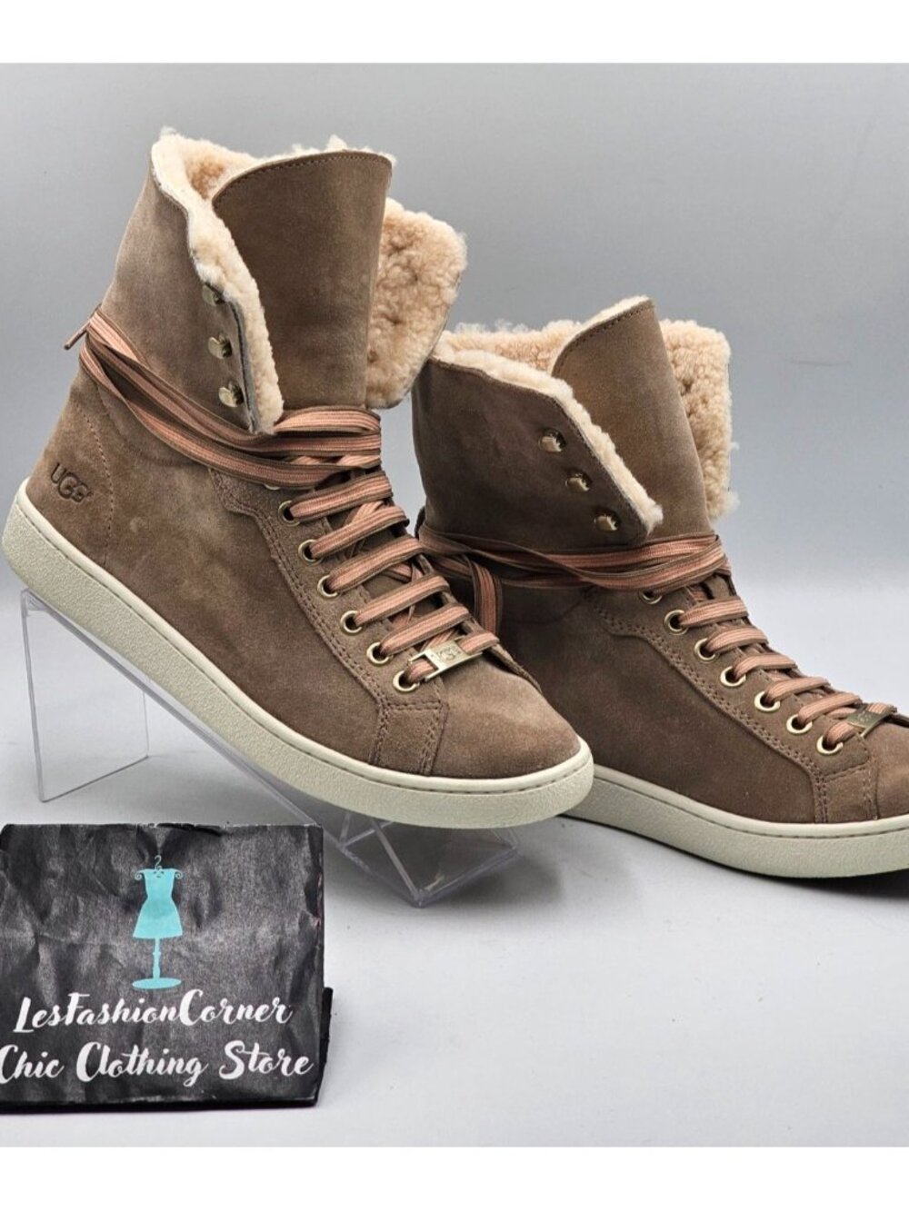 UGG Women's Beige Suede Starlyn Lace-Up Shearling High-Top Trainers Size7.5 3243 - Picture 10 of 16